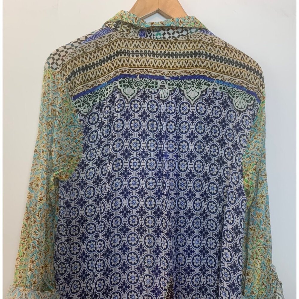 JAYSHREE DALAL Women's Tunic Colorful Mixed Pattern Roll Tab Sleeve Gems Sz L/XL - Picture 5 of 11